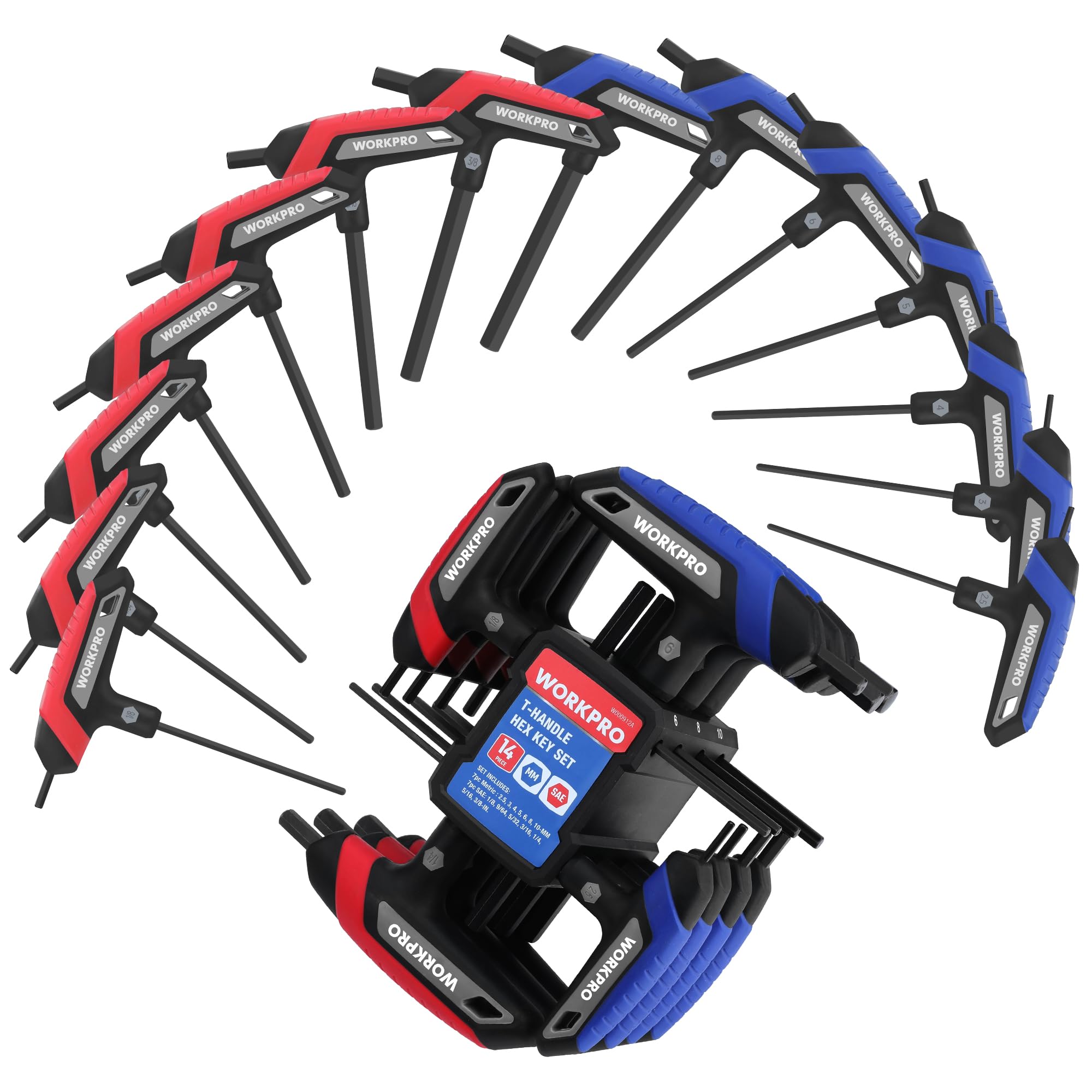 WORKPRO 14-Piece T-Handle Allen Wrench Set, Metric & SAE T Handle Hex Key, Long Hex Key Wrench Sets with Storage Rack for DIY, Auto Bike Repair Tool, Basic Home Repair and Mechanics Maintenance