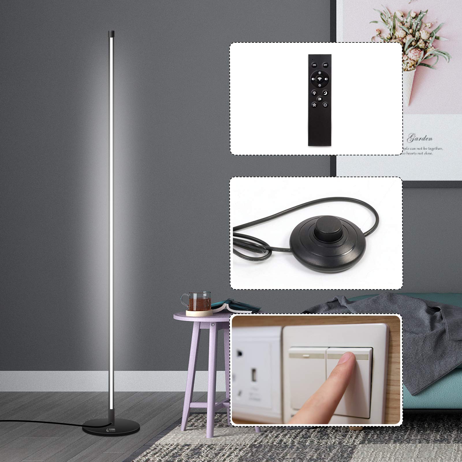 Modern Floor Lamp Led Standing Corner Lamp Black Decor Floor Lamps Contemporary Metal Floor Lamp for Living Room Bedrooms with Remote & Touch Control
