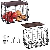 Wall Storage Hanging Baskets 2 PACK - Wooden Top Wire Basket Organizers & S Hooks - Assemble Floating Shelf Racks for Pantry Kitchen Office Bathroom Garage Organization (Large)
