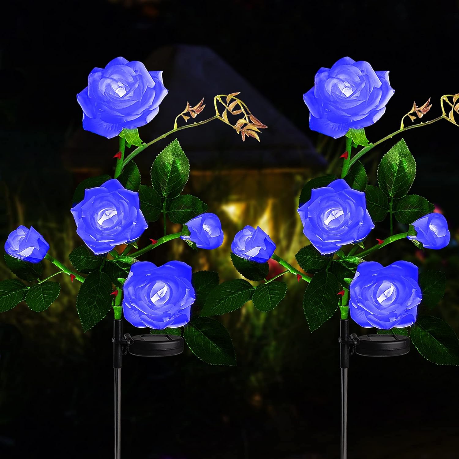 Solar Lights Outdoor Rose Flower, 2 Pack Solar Powered Garden Decorations with 10 Bigger Rose Flower, WaterproofLights for Garden Patio Yard Pathway Decoration (Blue Rose)