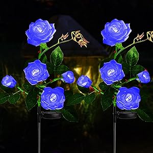 Solar Lights Outdoor Rose Flower, 2 Pack Solar Powered Garden Decorations with 10 Bigger Rose Flower, WaterproofLights for Garden Patio Yard Pathway Decoration (Blue Rose)