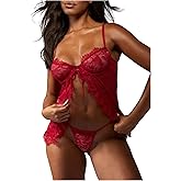 SOLY HUX Women's Lace Lingerie Split Cami Bralettes and Thongs 2 Piece Set Nightwear