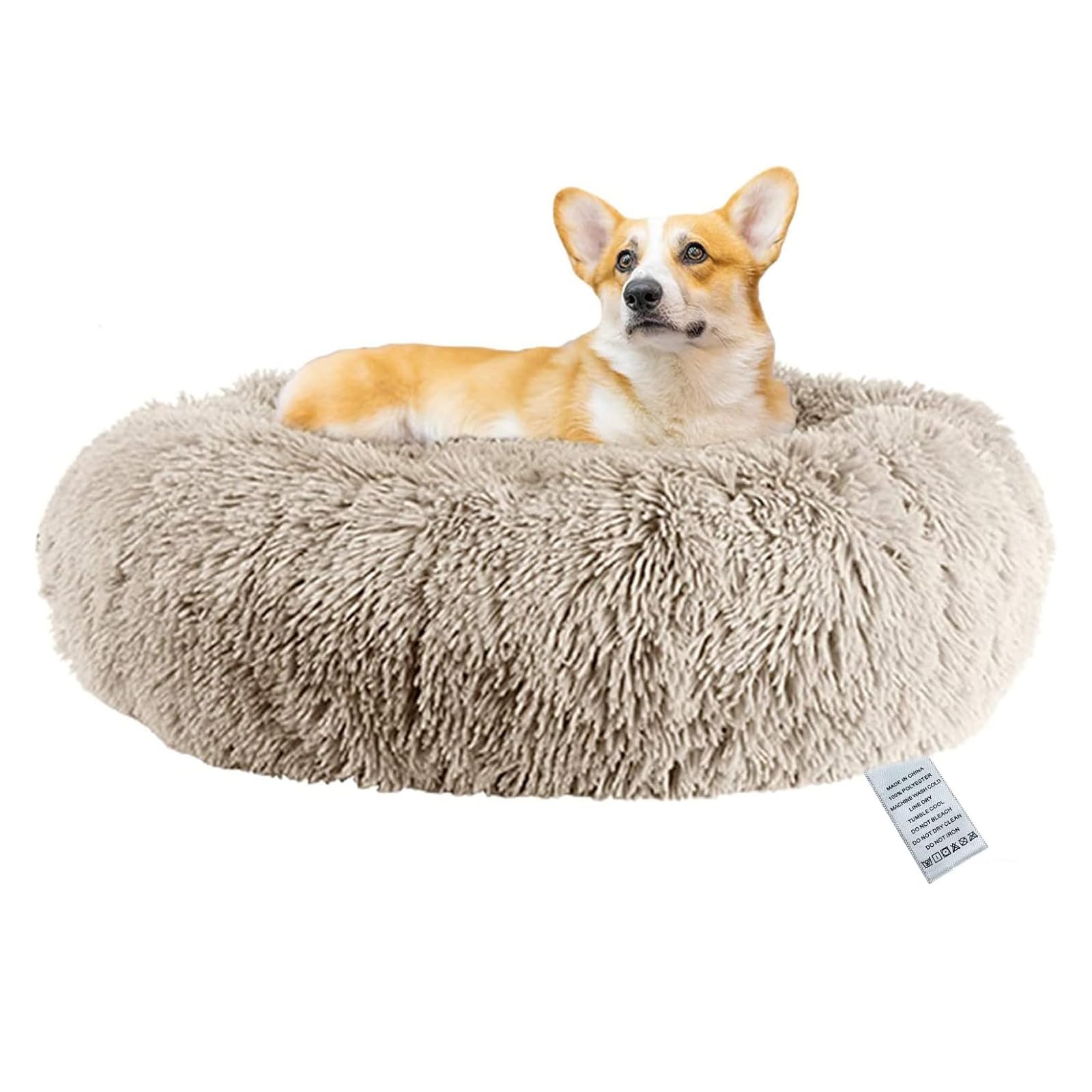 fireowl Small Dog Bed Calming - 50 * 50 * 20cm Washable Donut Cushion, Fluffy Plush Round Cat Bed, Non-Slip Bottom - Warm and Soft Faux Fur Orthopedic Pet Cosy Anti Anxiety Beds Improved Sleep, Beige