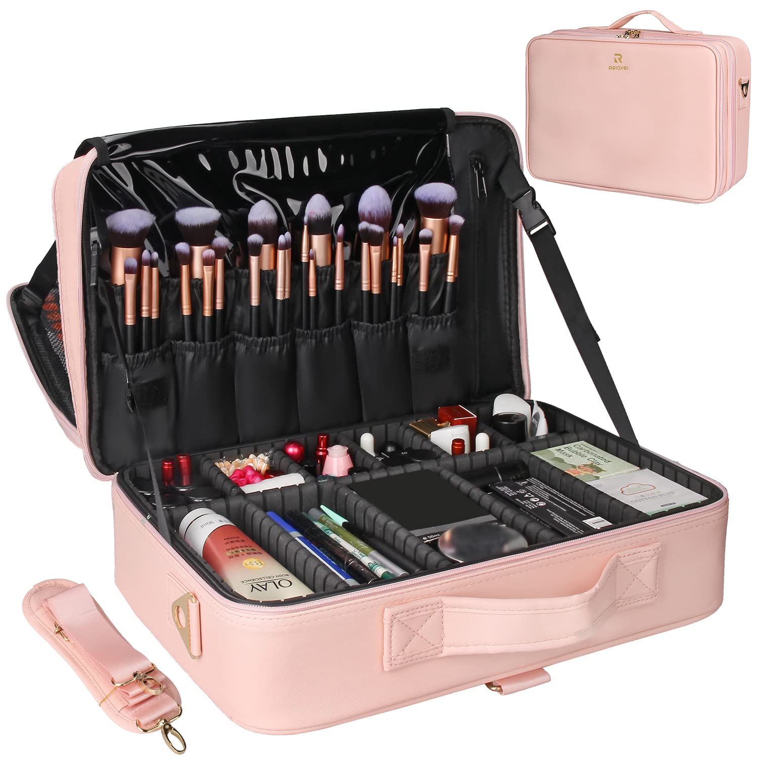 Photo 1 of Relavel Makeup Case Large Makeup Bag Professional Train Case 16.5 inches Travel Cosmetic Organizer Brush Holder Waterproof Makeup Artist Storage Box, 3 Layer Large with Adjustable Strap (Pink)