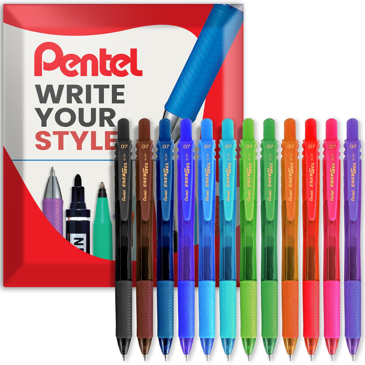 Pentel - Energel X BL107 Retractable Gel Rollerball Pens - 0.7mm - 1 of Each Colour - Wallet of 12