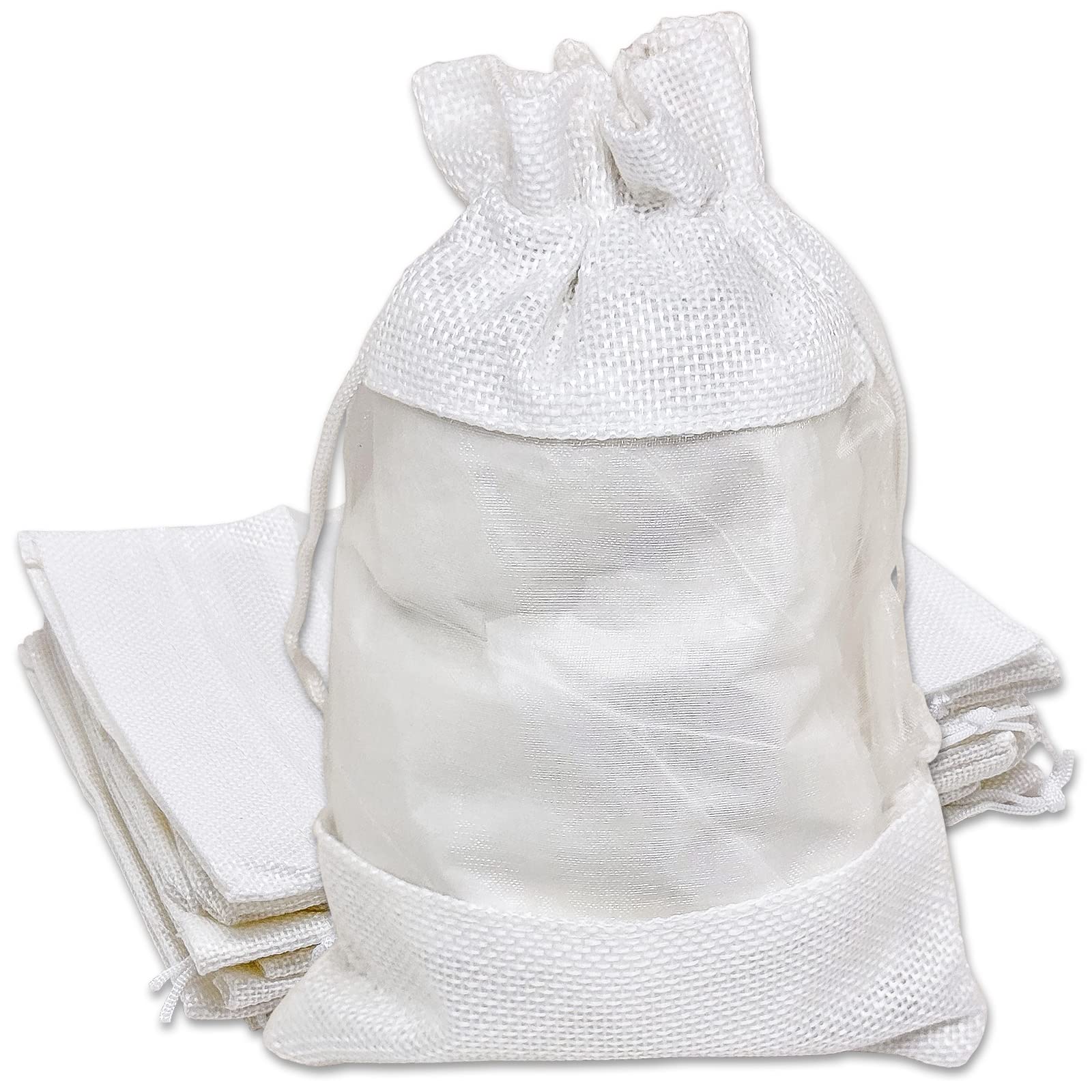 Photo 1 of 12-Pack Medium Linen Burlap & Organza Gift Bags w. Drawstrings (5x7 in, White) - Party Favors, Presents, Samples & Treats Mesh Pouch by The Display Guys