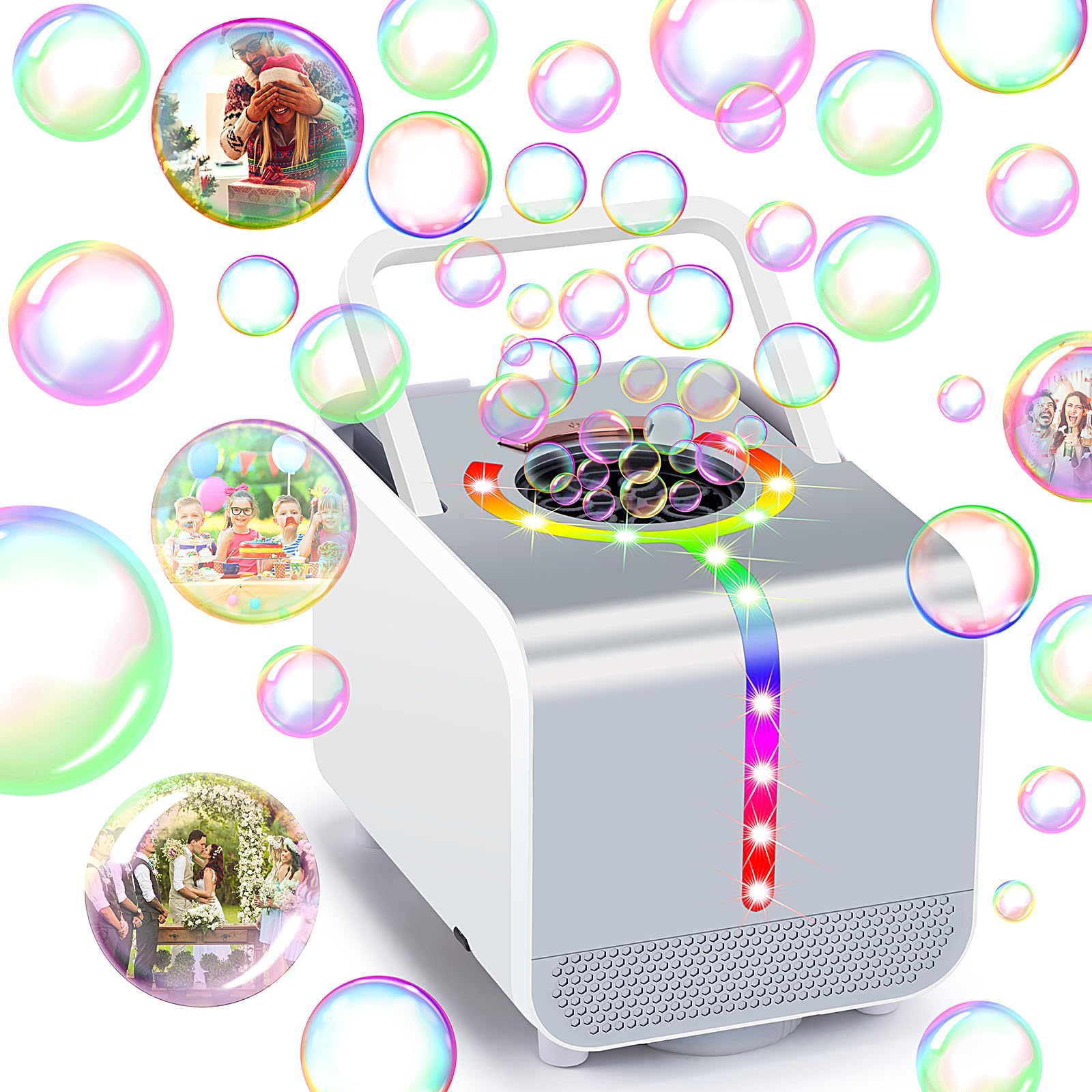 Bubble Machine, Automatic Bubble Blower with LED Lights, 20000+ Bubbles Per Minute Bubbles for Kids, Portable Bubble Maker Operated by Plug in or Batteries for Indoor Outdoor Birthday Party