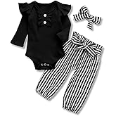 Kislio Newborn Baby Girls Clothes Ribbed Ruffled Romper+Floral Pants+Headband Infant Outfit Set