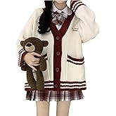 FindThy Women’s V-Neck Cardigan Sweater Preppy Vintage Oversized Long Sleeve Color Block Knit Jacket Coat