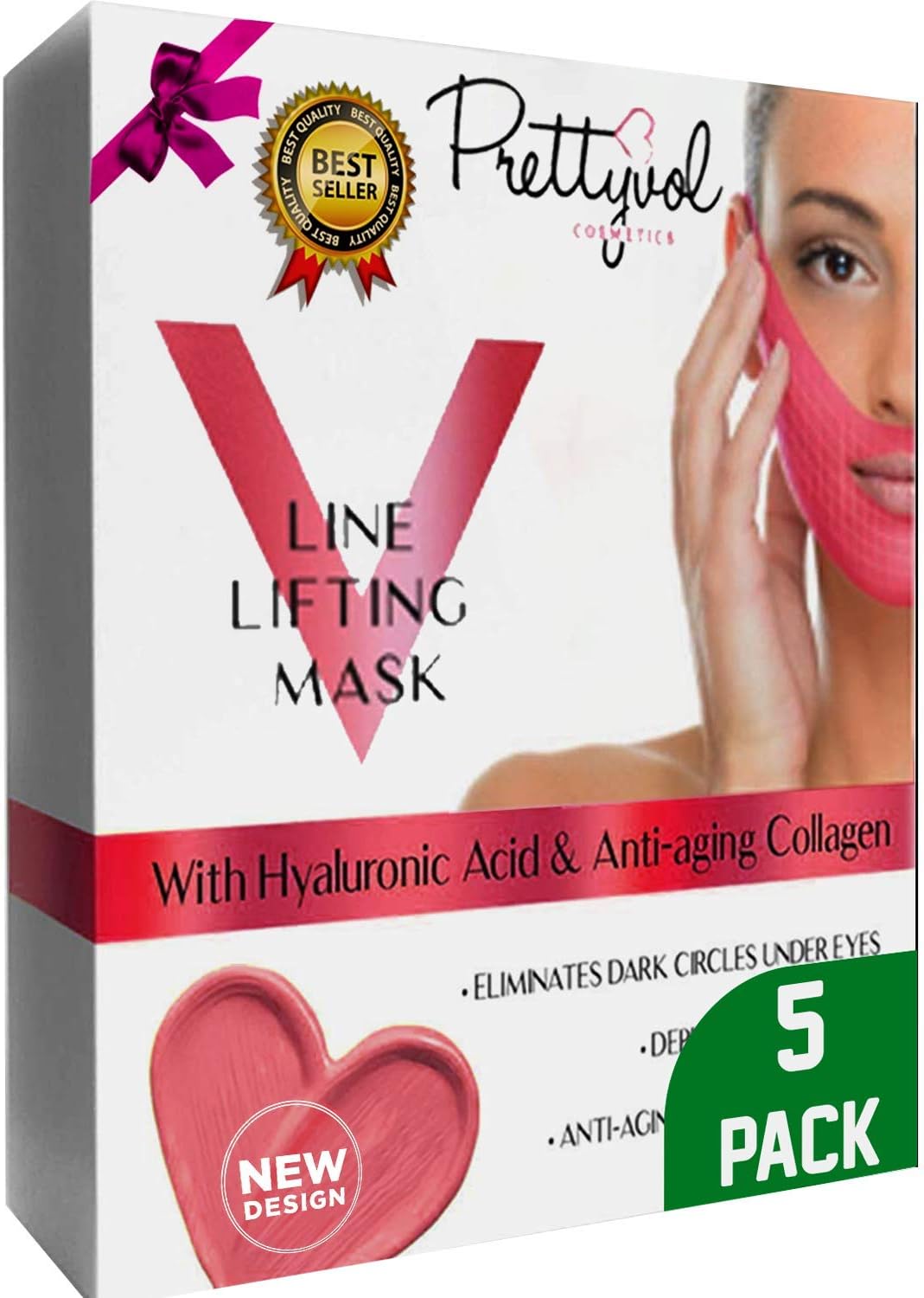 PRETTYVOL V Line Face Lifting Mask, Chin Up Patch Facial Mask for Tightening and Firming Skin, Moisturizing and Smoothening V Shape Tape and Double Chin Reducer, Pack of 5