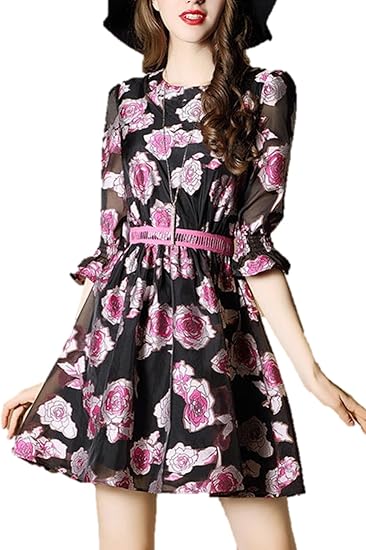Amazon レディース ワンピース 花柄 刺繍 七分袖 膝上 フレア 薔薇 バラ パフスリーブ メッシュ レトロ K M ワンピース チュニック 通販