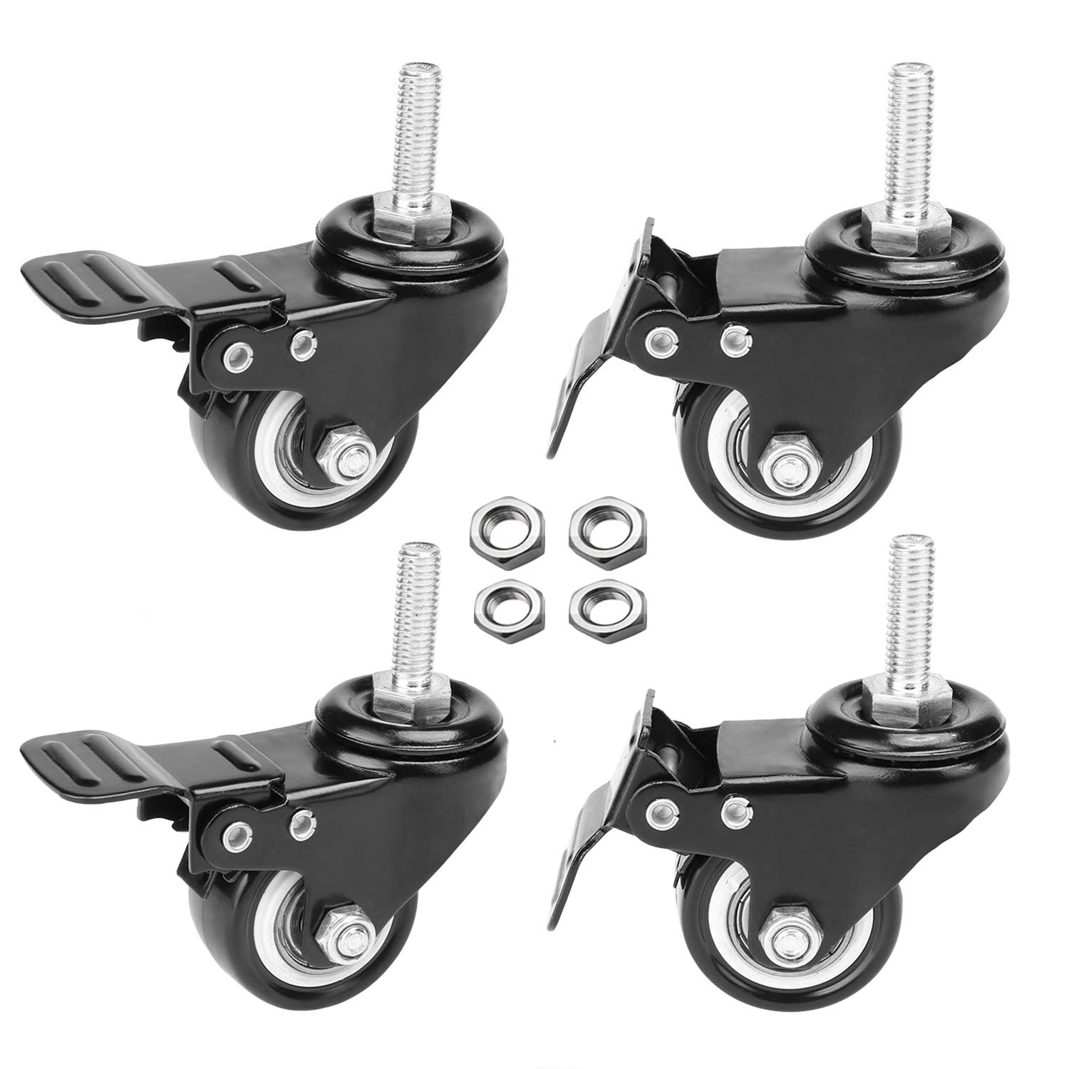 OuYi 1.5" Stem Casters, Screwed Bolt 5/16" x 1" - 18, Heavy Duty Swivel Stem Casters with Brake Lock PU Foam Quite Mute No Noise Castors Markless Wheels Double Bearings, 4 Pack with Nuts โ image 1