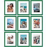 Vittanly 8x10 Picture Frames Set of 9, Shatter Resistant Plexiglass, Display 5x7 Pictures with Mat or 8x10 without Mat, Photo Frames for Wall or Tabletop, Engineered Wood, Green