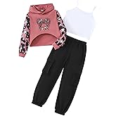 Yhnslsf Girls 3 Piece Outfits Girl Workout Clothes Set Crop Tank Top and Sweatpants with Tracksuit Long Sleeve Hoodie 7-14Y