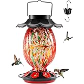 HouseSapp Solar Hummingbird Feeder - 49 fl.oz Hand Blown Glass Color Changing - 7 Feeding Ports with Perch - Never Leak - Perfect Hummingbird Feeder