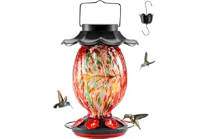 HouseSapp Solar Hummingbird Feeder - 49 fl.oz Hand Blown Glass Color Changing - 7 Feeding Ports with Perch - Never Leak - Per