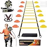 IHEPYQ Soccer Agility Training Equipment Set, 12 Rung 20Ft Agility Ladder, 12 Disc Cones, 4 Steel Stakes, Solo Soccer Trainer, Jump Rope - Speed Training Equipment for Soccer Football Basketball