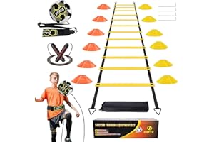 IHEPYQ Soccer Agility Training Equipment Set, 12 Rung 20Ft Agility Ladder, 12 Disc Cones, 4 Steel Stakes, Solo Soccer Trainer