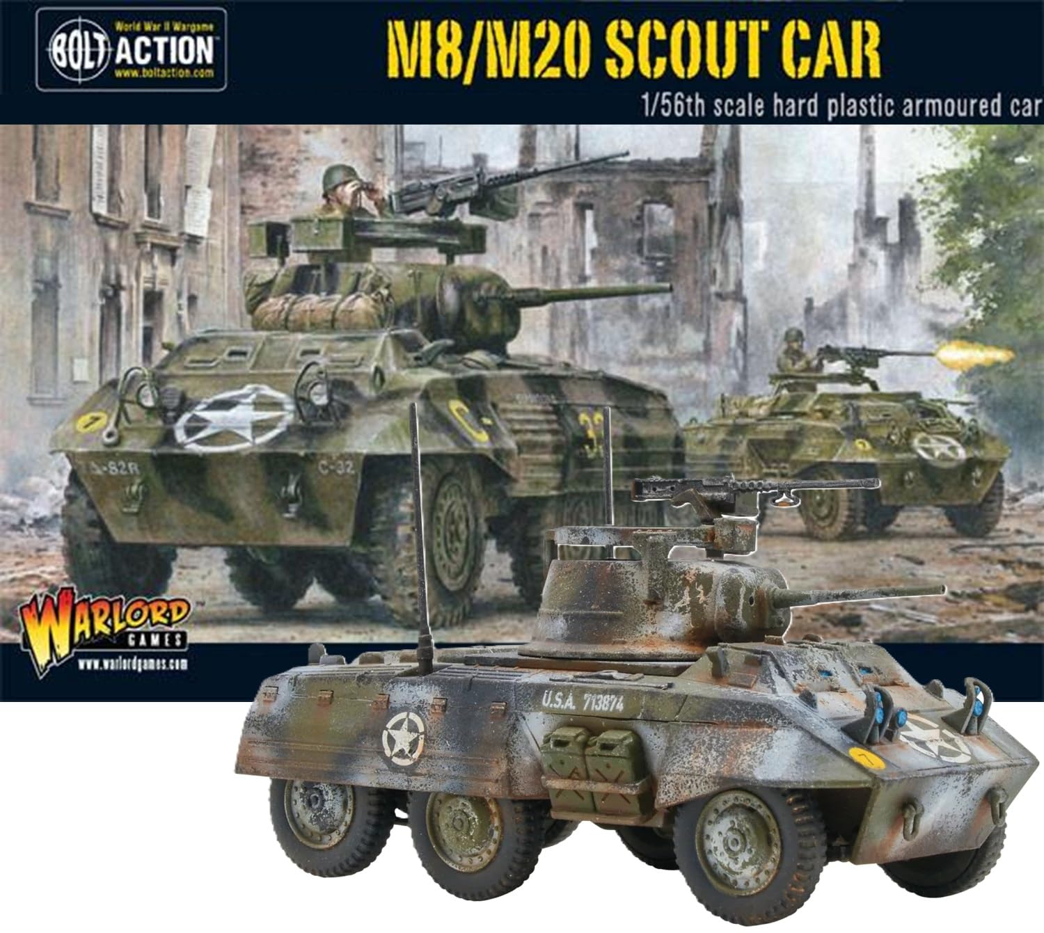 Warlord Games M8/M20 Greyhound Scout Car - 1:56 / 28mm Plastic Scale Model Armoured Car for Bolt Action Highly Detailed World War 2 Miniatures for Table-top Wargaming