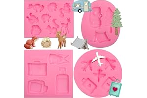 Airplane Silicone Mold 4 Pcs, Camping Tent Fondant Molds Travel Luggage Bag Animals Chocolate Molds for Cake Decoration Candy