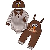 RSRZRCJ Newborn Baby Boy Thanksgiving Outfit Knit Romper Turkey Letter Embroidered Suspender Pants Overalls Clothes Set 3pcs