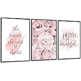 KLPOARTQ Set of 3 Motivational Quotes Wall Art Frame Print for Woman's Room Decoration Peony Flower Poster Canvas Pictures Fashion Home Decor, 12 X 16 inch