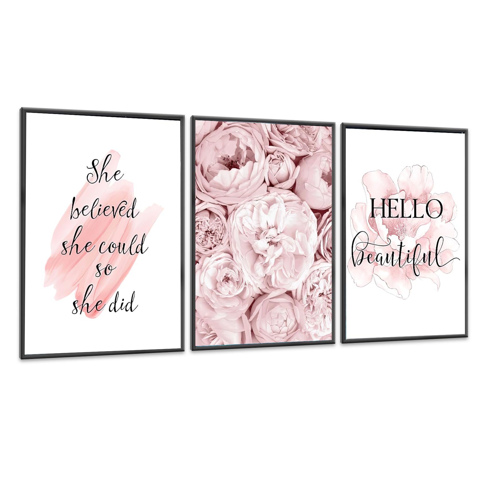 KLPOARTQ Set of 3 Motivational Quotes Wall Art Frame Print for Woman's Room Decoration Peony Flower Poster Canvas Pictures Fashion Home Decor