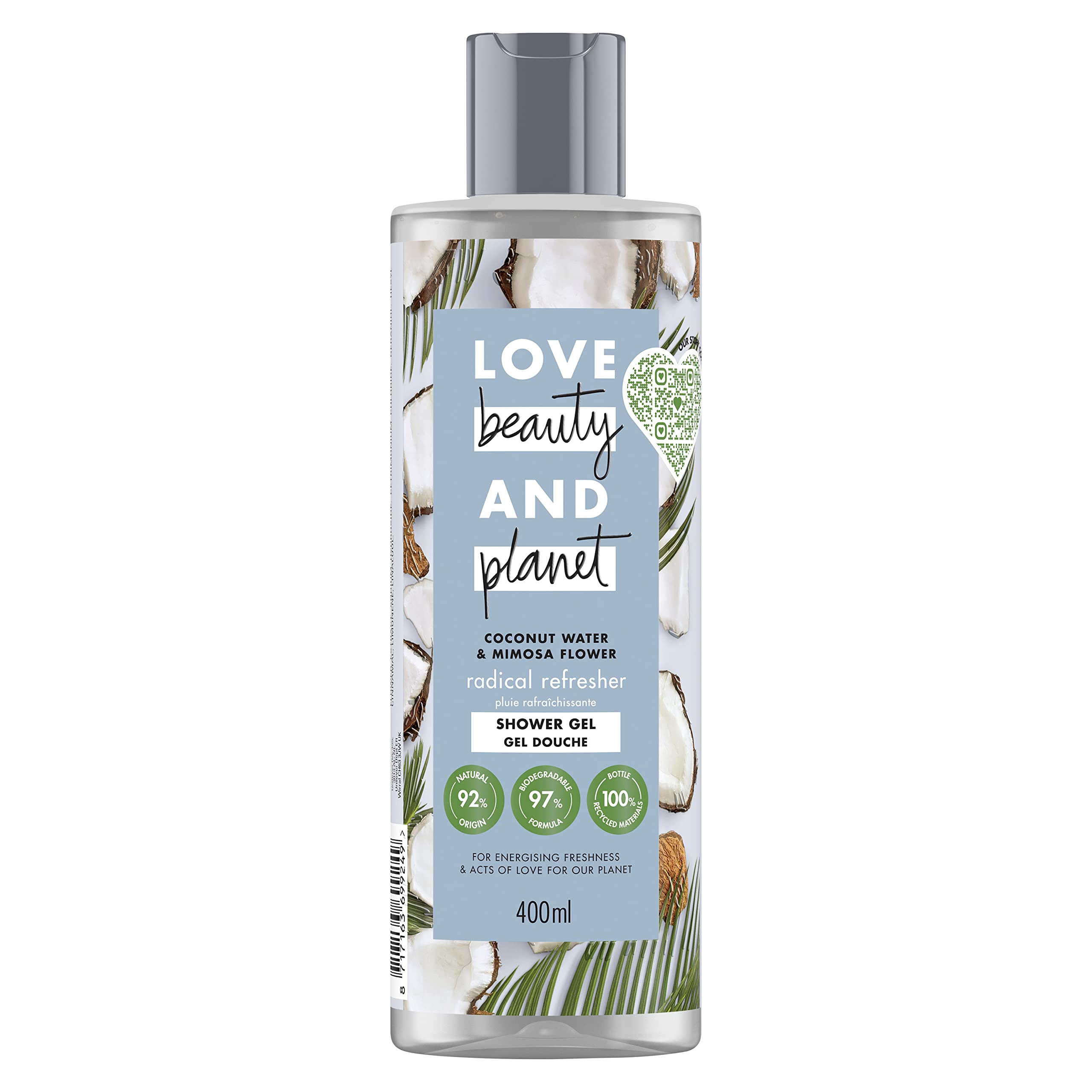 Love Beauty & Planet Women's Shower Gel Vegan Refreshing Rain, Coconut Water and Mimosa Flower, Natural Ingredients, All Skin Types Certified Vegan 400 ml