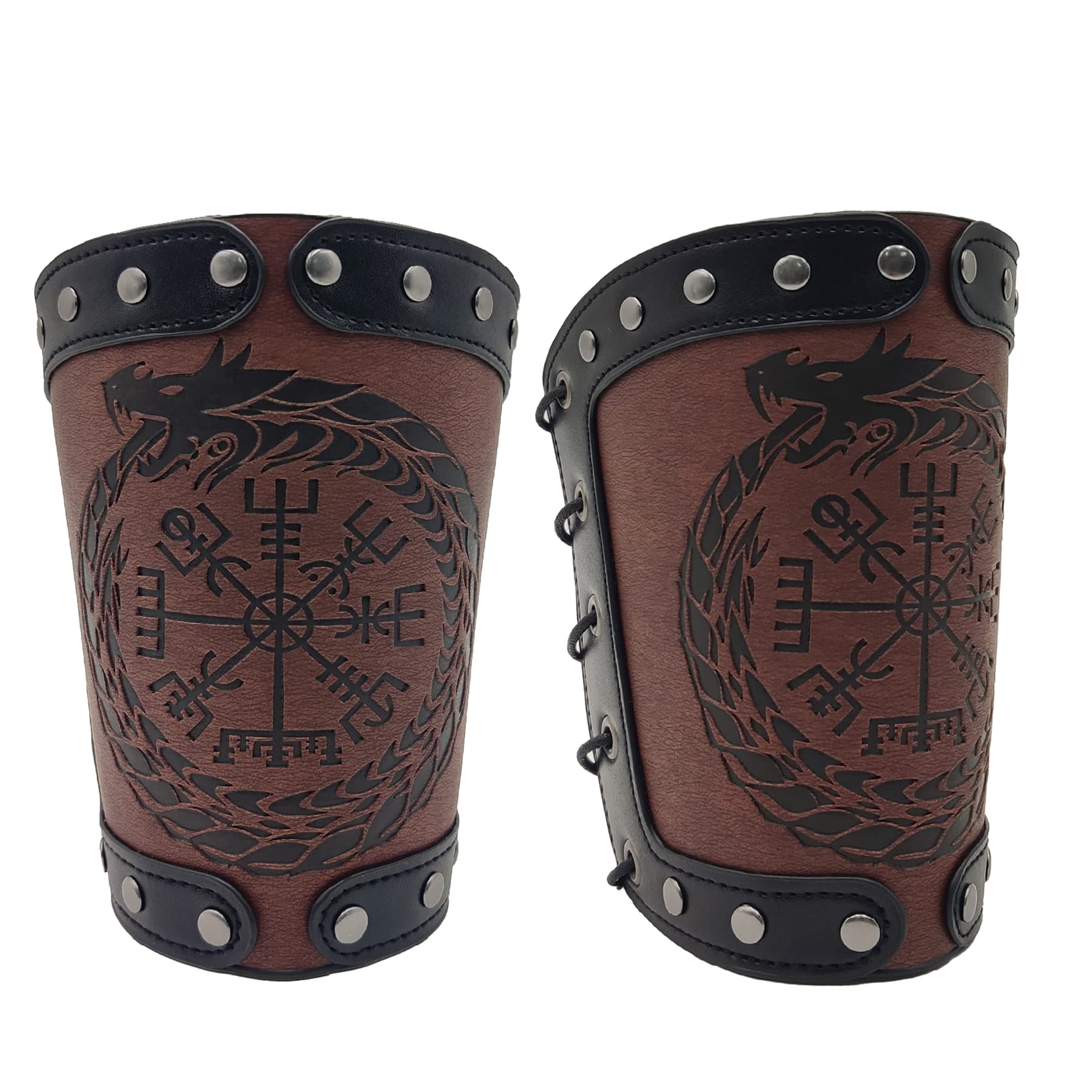Sehaby Viking Gauntlet Bracer,Embossed Leather Arm Armor Medieval Bracers Pu Leather Arm Guards Wide Cuff For Cosplay Costume Men Wrap Gauntlet Wristband Viking Vegvisir Compass Wristbands (Brown)