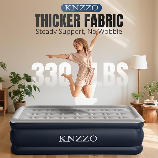 KNZZO TWIN AIR MATTRESS WITH BUILT-IN PUMP, 18″ TOP INFLATABLE MATTRESS WITH WATERPROOF FLOCKING FABRIC, THREE-MINUTE QUICK-INFLATABLE BED. PORTABLE BLOW UP MATTRESS FOR HOME, OUTDOOR AND GUESTS