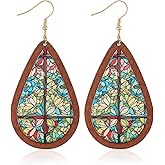 GELVTIC Bohemian Wood Teardrop Earrings for Women Acrylic Colorful Teardrop Dangle Earrings Handmade Natural Wooden Earrings Boho Geometric Flower Leaf Cross Earrings Statement Lightweight Ethnic Earrings Vintage Retro Jewelry