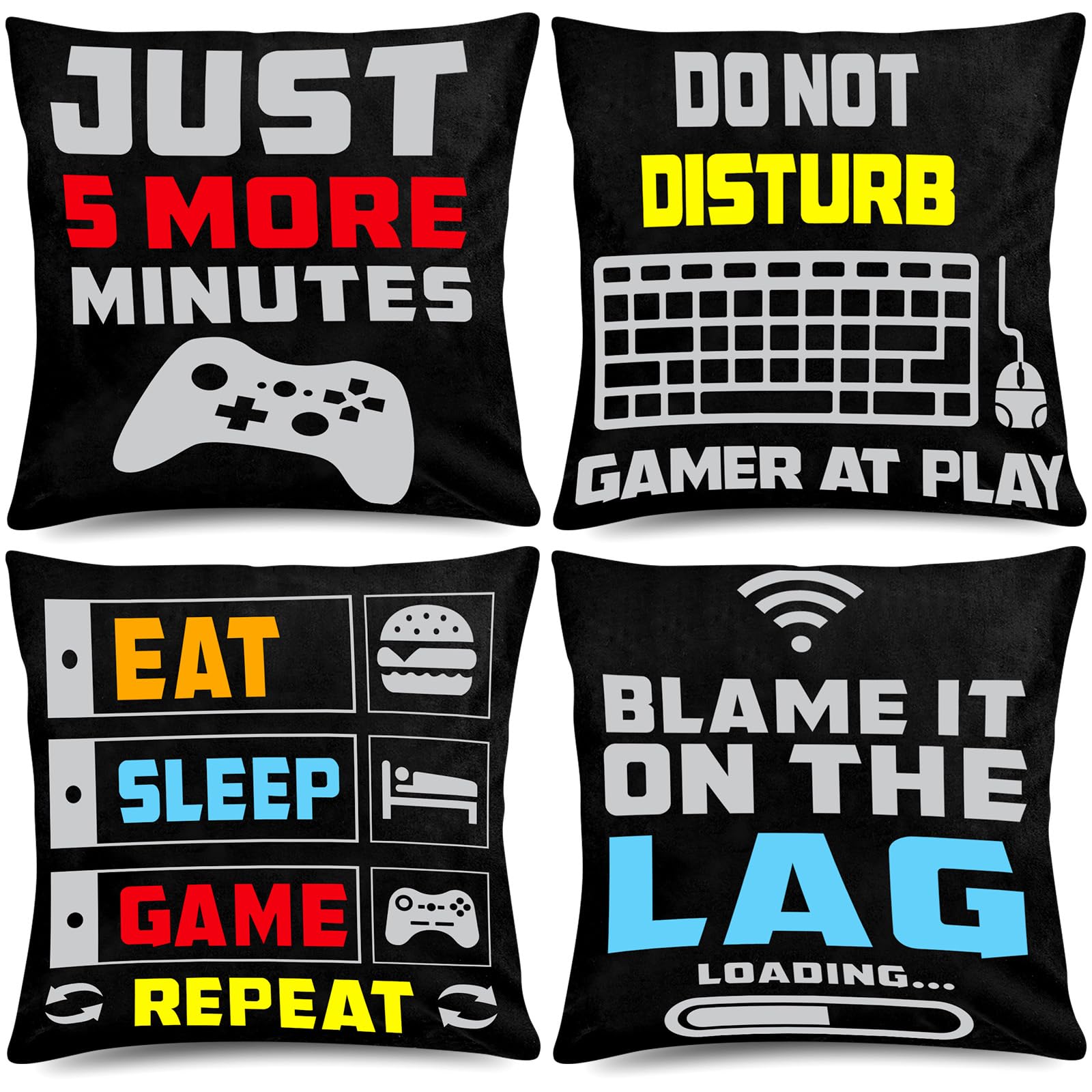 Whaline Video Game Throw Pillow 18 x 18 Inch Gamer Controller Pillow Cover Gaming Throw Cushion Cover 4 Pack Gamepad Logo Pillow Case Design for Home Office Car Sofa Couch Living Room