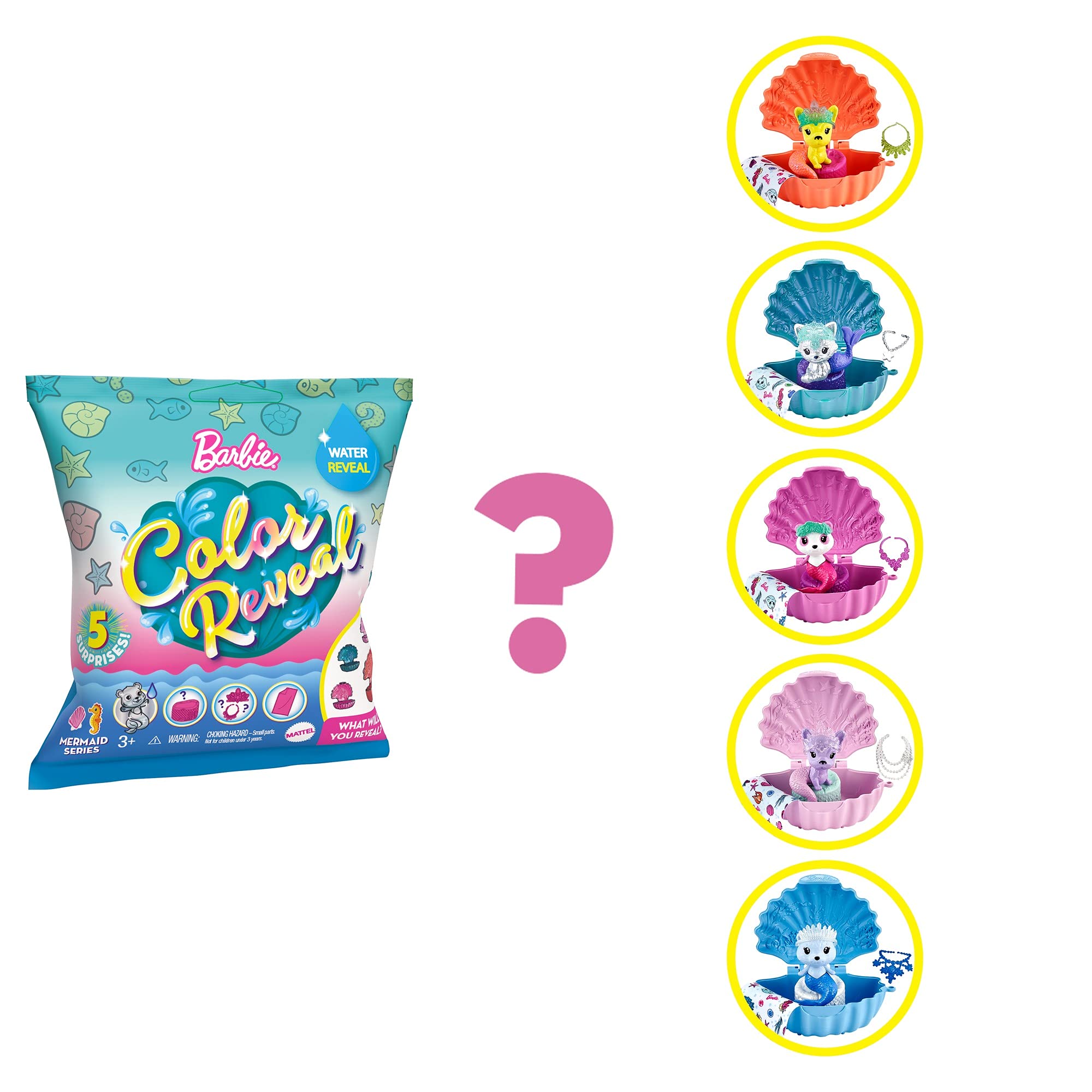 Barbie GTP74 Colour Reveal Sea Animals Assortment with Shell-Shaped Container and 5 Surprises.