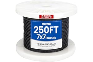 Muzata 250 ft 1/8" Black Stainless Steel Cable Railing System Hardware T316 Stainless Steel Wire Rope 7x7 Strands 1800 lb Breaking Strength Black Cable Railing Kit for Indoor Outdoor WR19