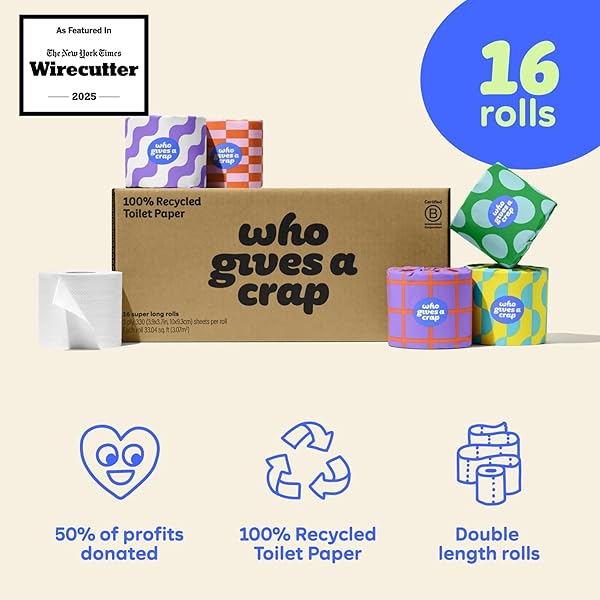 WHO GIVES A CRAP | 100% RECYCLED TOILET PAPER, 16 ROLLS, 330 SHEETS, BIODEGRADABLE & ECOFRIENDLY, SOFT & STRONG, VIRGIN TREE FREE, BULK TOILET PAPER
