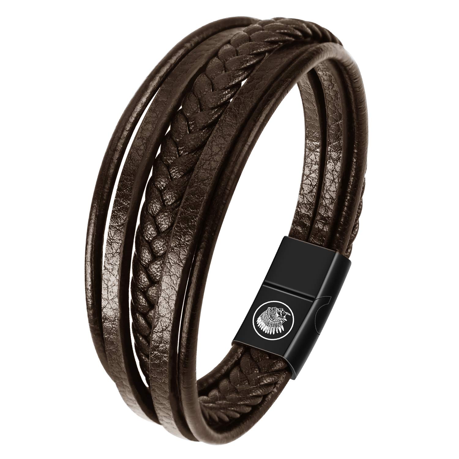 Casisto.J Mens Leather Bracelet – Classic Handmade Braided Black & Brown Cuff Bracelet with Engraved Magnetic Clasp Free Jewelry Gift Boxed