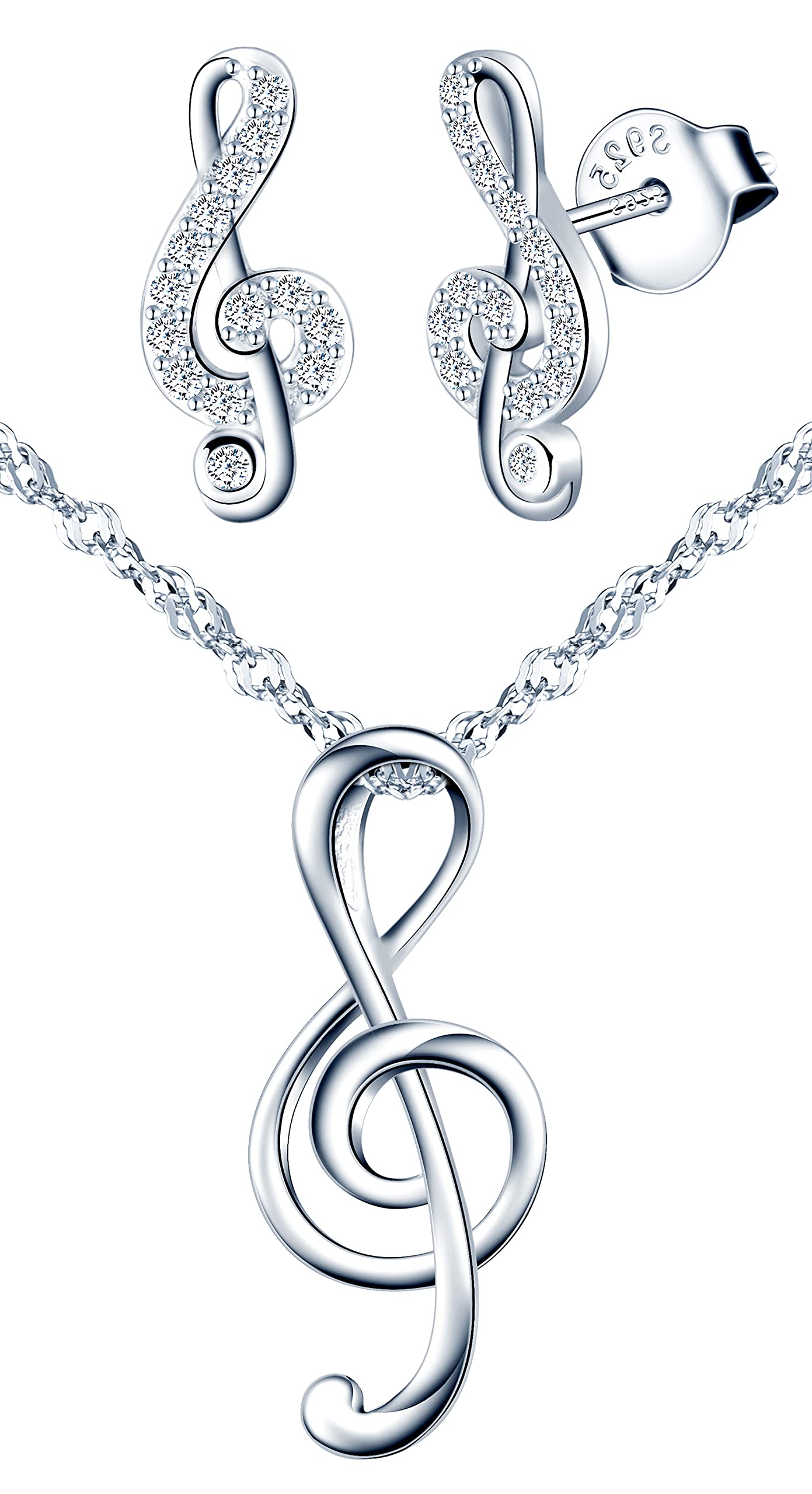 Yumilok Silver Jewellery Sets for Women, 925 Sterling Silver Note Pendant Necklace with 45cm Chain, Stud Earrings with Cubic Zirconia, Gift for Valentine's Day/Mother's Day/Christmas