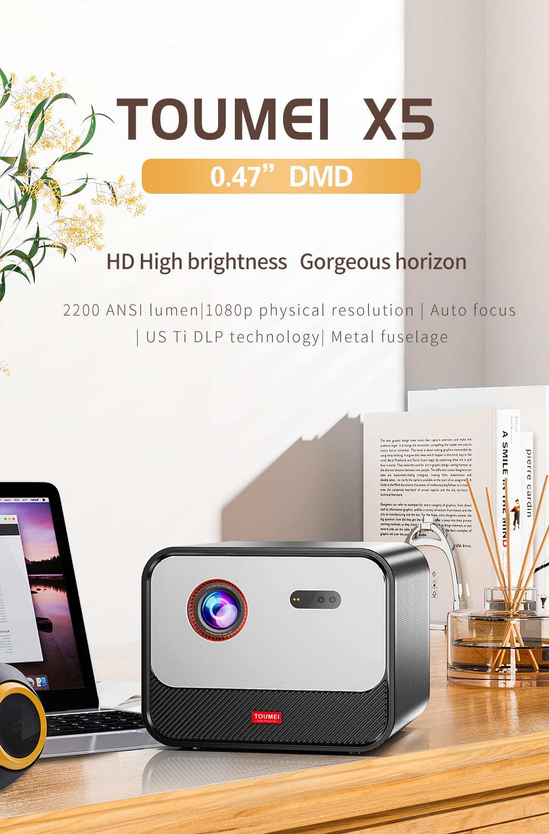 Yinzam X5 Projector, Smart Home Cinema Video Projector with 1920*1080P MAX 4K Bluetooth Voice Control 20W Sound System, 2200 Ansi Lux Android 3D Projector