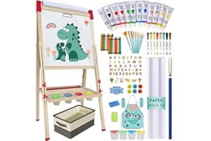 SUNFATT Easel for Kids,Adjustable Wooden Art Easel for Kids,114+ Art Supplies,Double Sided Magnetic Chalkboard and White Board for Kid,Drawing and Painting for Aged 2-4,5-7,8-12,2 Paper Rolls