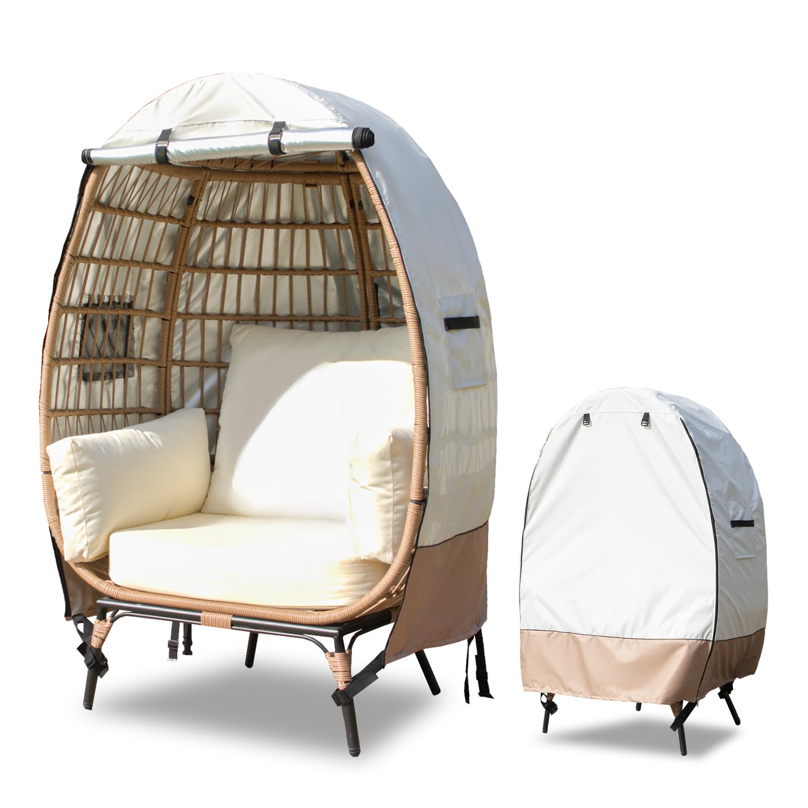 Photo 1 of okcool Outdoor Egg Chair Cover,Waterproof Egg Chair Cover with Zipper for Wicker Patio Basket Chair(Beige & Brown,Fits 43" L *25" W*55.1" H Egg Chair)