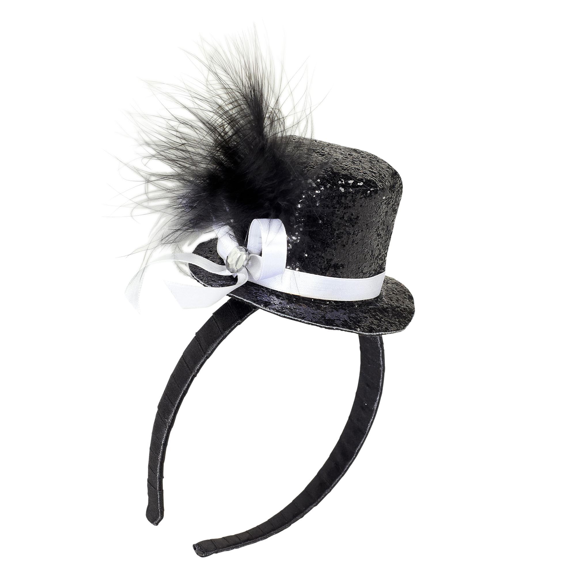 W WIDMANN MILANO Party Fashion - Hair Band with Mini Cylinder Mini Hat with Bow, Feather and Jewel