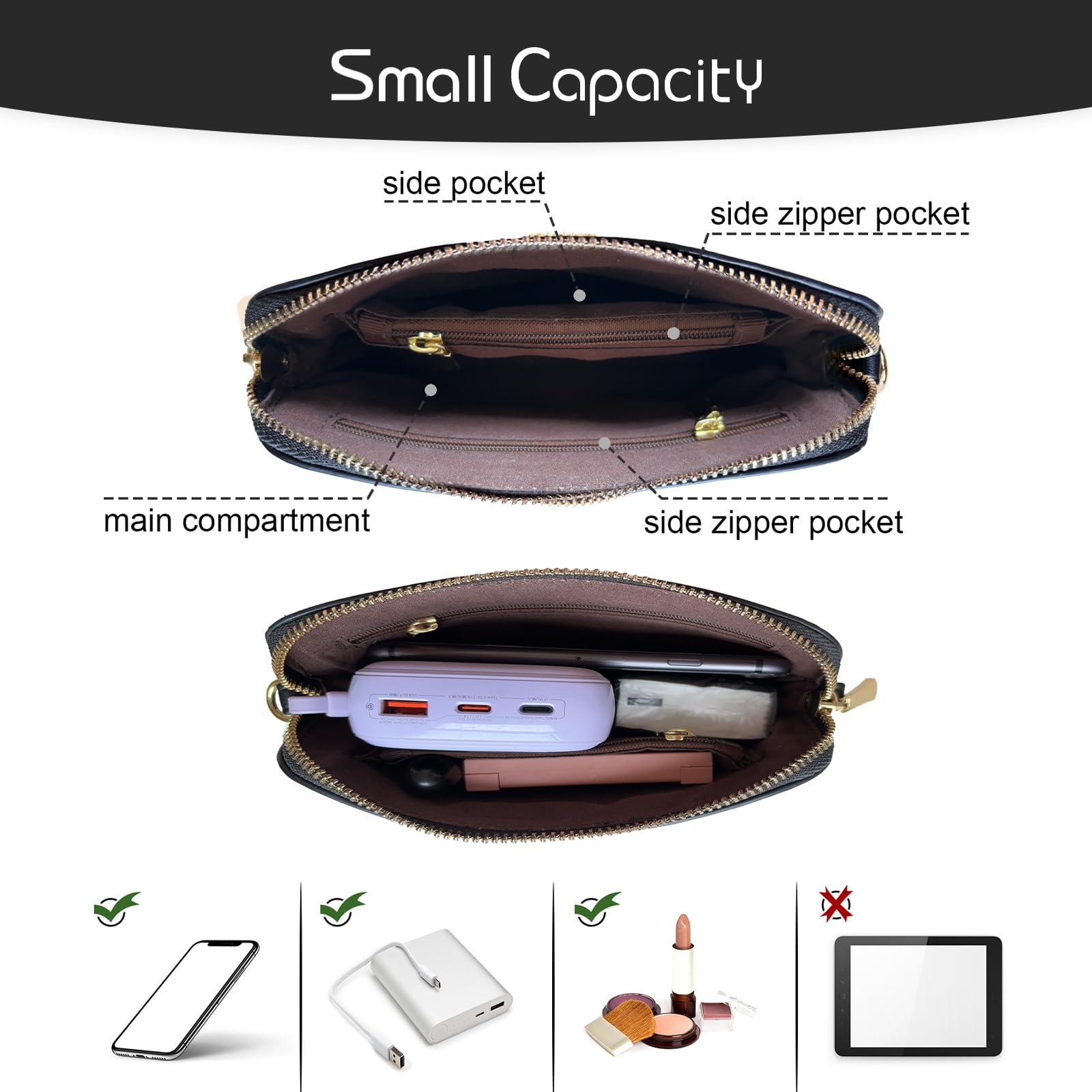 ZMDB Handtasche Damen Klein Umhängetasche Damen PU Leder Handytasche mit Handgelenkband & Verstellbar Abnehmbar Schultergurt, Schultertasche Damen Tasche Reißverschluss Crossbody Bag, Schwarz 6