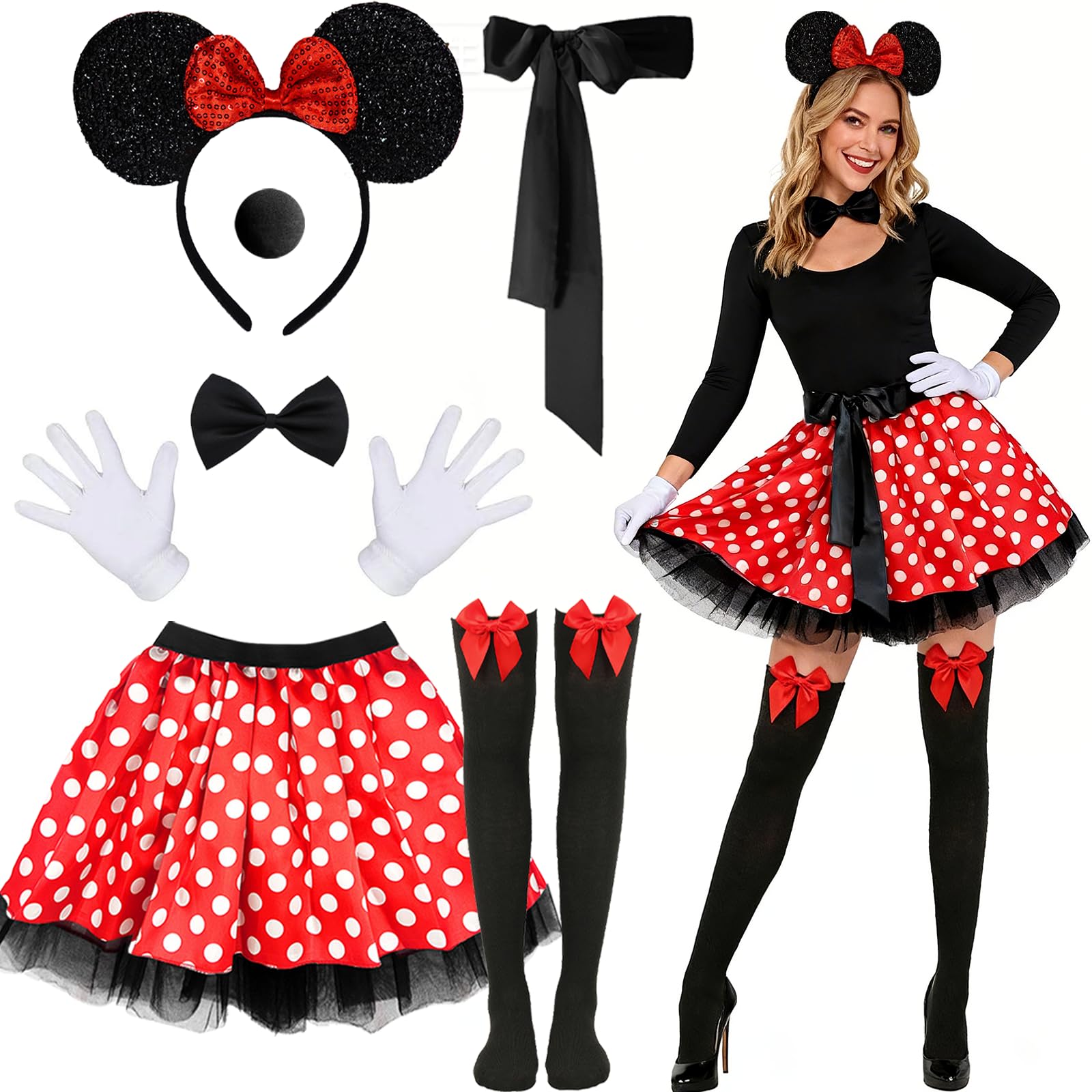 7 Pcs Mini Mouse Costume for Girls Women, World Book Day Fancy Dress Costume for Adult, Mouse Ears Headband Tutu Skirt Nose Bow Tie Gloves Sock Black Ribbon for Cosplay World Book Day Dress up