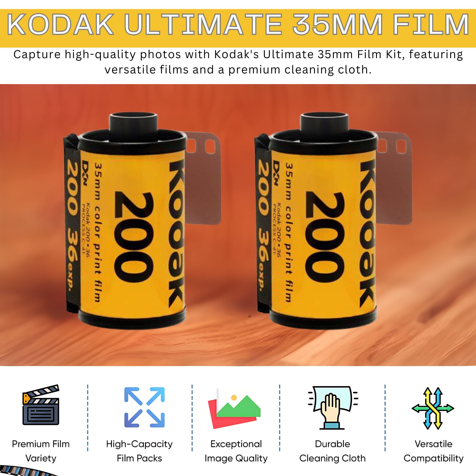 Kodak Gold 200 35mm Film Bundle, 6 Rolls (2x3 Pack), 36 Exposures Each, for 35mm Film Camera Includes Balveli Premium Microfiber Cloth-Kodak 6 Roll Pack