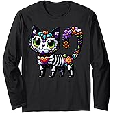 Dia De Los Muertos Cinco De Mayo Cat Sugar Skull Men Women Long Sleeve T-Shirt