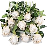Exoment 10pcs Silk Rose Flower Artificial Roses with Long Stems for DIY Wedding Bouquets Centerpieces Bridal Shower Party Home Decor (White)