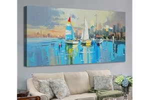 Anolyfi Abstract Sailboat Canvas Wall Art Sunset Landscape Picture Coastal Cityscape Panoramic Painting Textured Artwork Large Framed for Living Room Bedroom Bathroom Kitchen Office Home Decor 40"x20"