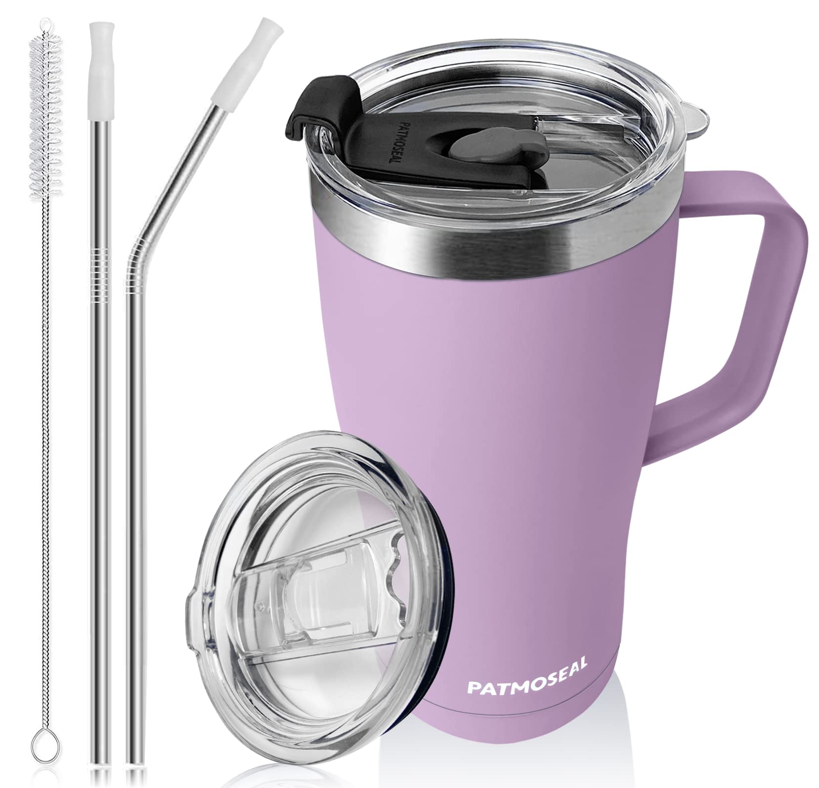 patmoseal Thermal Travel Mug with Handle, 20oz Tumbler with Straw Lid for Hot & Cold Drinks, Insulated Coffee Cup Reusable for Work Car (Lilac Purple)