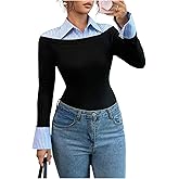 Milumia Women's Striped Collared Long Sleeve T Shirt Y2k Slim Fitted 2 in 1 Casual Work Tops