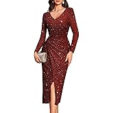 Bbonlinedress Women Maxi Long Split V Neck Wrap Wedding Guest Dress Long Sleeve Glitter Sequin for Gowns Cocktail